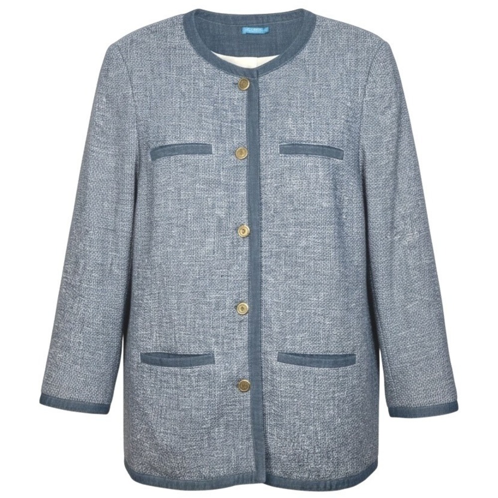 J McLaughlin Blue Tweed Jacket Womens Button Front Blazer Coastal Grandma L